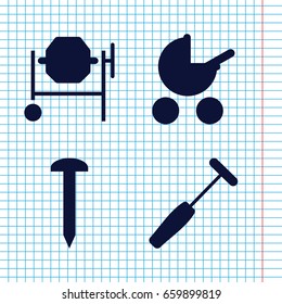 Set of 4 metallic filled icons such as baby stroller, nail, concrete mixer