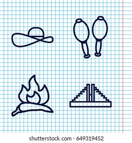 Set of 4 mexican outline icons such as chili, chichen itza, maracas