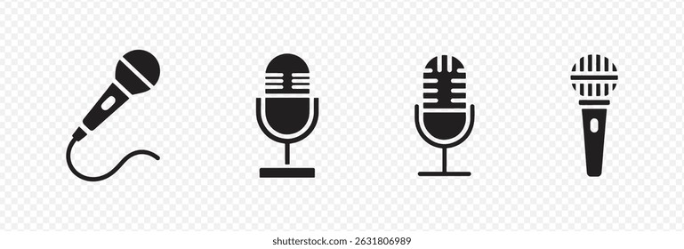 Conjunto de 4 ícones de microfone com desenhos de mão e vintage que representam gravação de áudio, transmissão e podcasting
