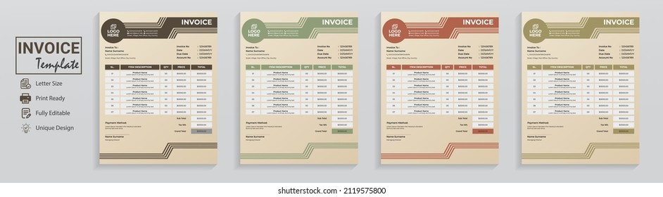 Set of 4 minimal modern invoice template cash memo design for professional bookkeeping accounting commerce money receipt billing business document with color trend 