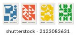 Set of 4 minimal vintage 20s geometric design posters, wall art, template, layout with primitive shapes elements. Bauhaus retro pattern background, vector abstract circle, triangle and square line art