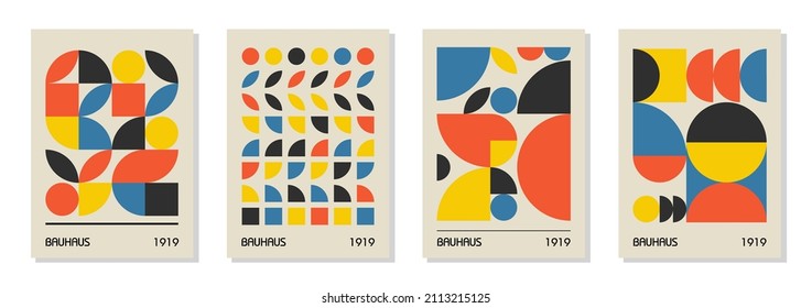 Set Of 4 Minimal Vintage 20s Geometric Design Posters, Wall Art, Template, Layout With Primitive Shapes Elements. Bauhaus Retro Pattern Background, Vector Abstract Circle, Triangle And Square Line Art