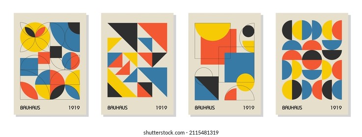 Set Of 4 Minimal Vintage 20s Geometric Design Posters, Wall Art, Template, Layout With Primitive Shapes Elements. Bauhaus Retro Pattern Background, Vector Abstract Circle, Triangle And Square Line Art