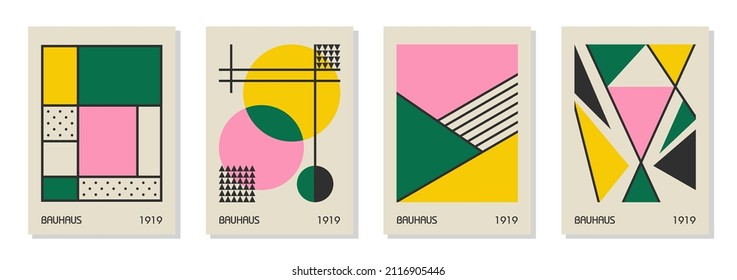 Set of 4 minimal vintage 20s geometric design posters, wall art, template, layout with primitive shapes elements. Bauhaus retro pattern background, vector abstract circle, triangle and square line art