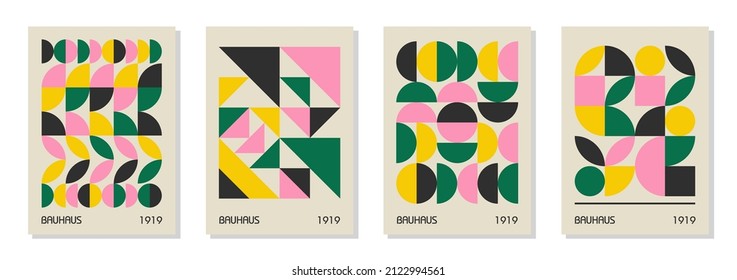 Set of 4 minimal vintage 20s geometric design posters, wall art, template, layout with primitive shapes elements. Bauhaus retro pattern background, vector abstract circle, triangle and square line art