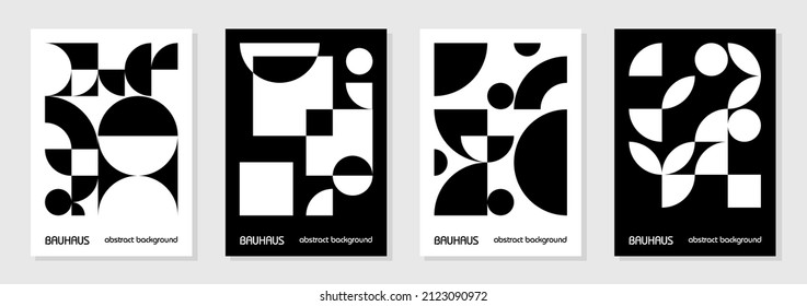 Set Of 4 Minimal Vintage 20s Geometric Design Posters, Wall Art, Template, Layout With Primitive Shapes Elements. Bauhaus Retro Pattern Background, Vector Abstract Circle, Triangle And Square Line Art