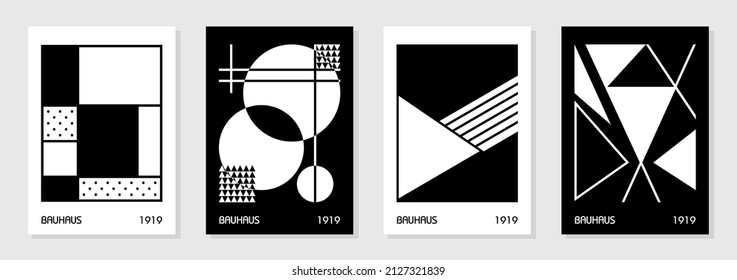 Set of 4 minimal vintage 20s geometric design posters, wall art, template, layout with primitive shapes elements. Bauhaus retro pattern background, vector abstract circle, triangle and square line art