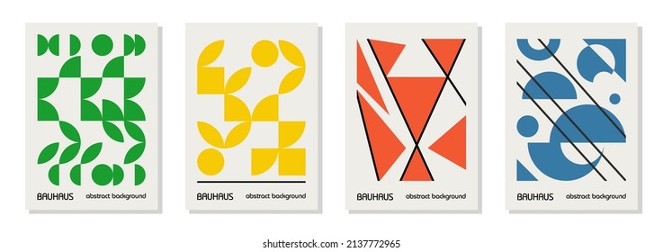 Set of 4 minimal vintage 20s geometric design posters, wall art, template, layout with primitive shapes elements. Bauhaus retro pattern background, vector abstract circle, triangle and square line art