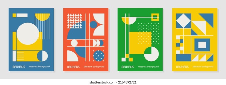 Set of 4 minimal vintage 20s geometric design posters, wall art, template, layout with primitive shapes elements. Bauhaus retro pattern background, vector abstract circle, triangle and square line art