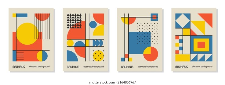 Set von 4 minimalen geometrischen Design-Plakaten der 20er Jahre, Wandkunst, Vorlage, Layout mit primitiven Formen Elemente. Bauhaus-Retro-Musterhintergrund, abstrakter Vektorkreis, Dreieck- und Viereckskunst