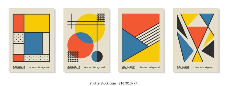 Set of 4 minimal vintage 20s geometric design posters, wall art, template, layout with primitive shapes elements. Bauhaus retro pattern background, vector abstract circle, triangle and square line art