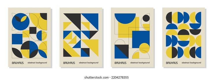 Set of 4 minimal vintage 20s geometric design posters, wall art, template, layout with primitive shapes elements. Bauhaus retro pattern vector background, blue, yellow and black Ukrainian flag colors