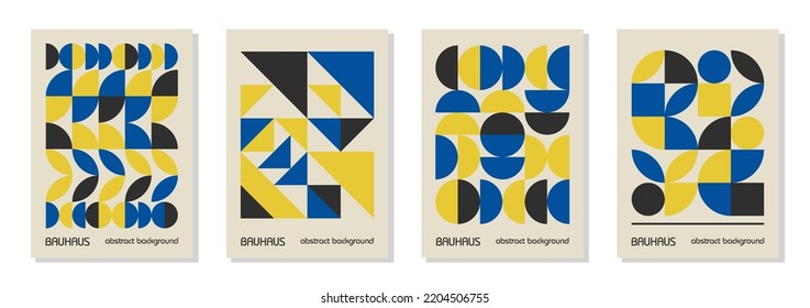 Set of 4 minimal vintage 20s geometric design posters, wall art, template, layout with primitive shapes elements. Bauhaus retro pattern vector background, blue, yellow and black Ukrainian flag colors