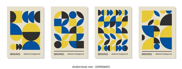 Set of 4 minimal vintage 20s geometric design posters, wall art, template, layout with primitive shapes elements. Bauhaus retro pattern vector background, blue, yellow and black Ukrainian flag colors