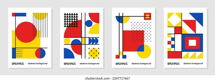 Set of 4 minimal vintage 20s geometric design posters, wall art, template, layout with primitive shapes elements. Bauhaus retro pattern background, vector abstract circle, triangle and square line art