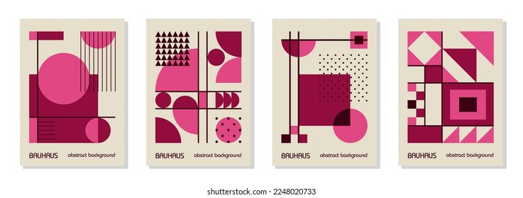 Set of 4 minimal vintage 20s geometric design posters, wall art, template, layout with primitive shapes. Bauhaus pink magenta retro pattern background, vector abstract circle, triangle and square