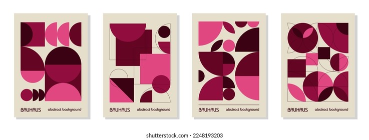 Set von 4 minimalen geometrischen Design-Plakaten der 20er Jahre, Wandkunst, Vorlage, Layout mit primitiven Formen. Bauhaus-rosa Magenta-Retromuster-Hintergrund, abstrakter Vektorkreis, Dreieck und Quadrat