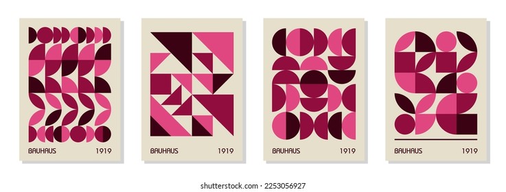 Set of 4 minimal vintage 20s geometric design posters, wall art, template, layout with primitive shapes. Bauhaus pink magenta retro pattern background, vector abstract circle, triangle and square