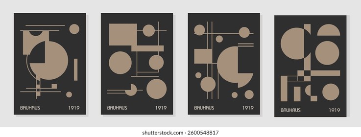 Set of 4 minimal vintage 20s geometric design posters, wall art, template, layout with primitive shapes elements. Bauhaus retro pattern background, vector abstract circle, triangle and square line art
