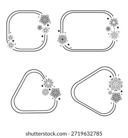 Set of 4 minimalist black line art vector frames in various geometric shapes (circle, square, hexagon, triangle, rounded variants) decorated with delicate snowflakes and dots, perfect for winter holiday cards, invitations
