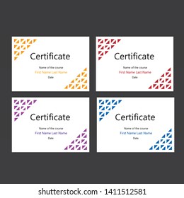 Set of 4 minimalist certificate layouts with bright gradient triangles. A4 format