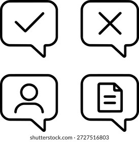 Conjunto de 4 iconos minimalistas de la línea de la burbuja del discurso para la comunicación, el Comentarios, el perfil del usuario y el documento.