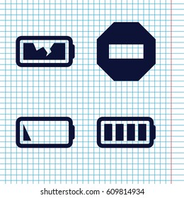 Set of 4 minus filled icons such as ful battery, low battery, broken battery