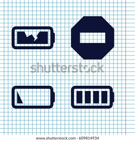 Set of 4 minus filled icons such as ful battery, low battery, broken battery