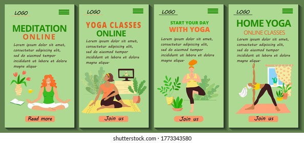 Conjunto de 4 plantillas de páginas de aplicaciones móviles. Versión móvil del sitio de yoga residencial y pilates. Chicas en tracksuit haciendo asana y meditación con un entrenador en línea. Ilustración de dibujos animados planos vectoriales de material.