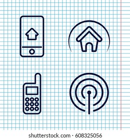 Set of 4 mobile outline icons such as phone, home, home on phone display