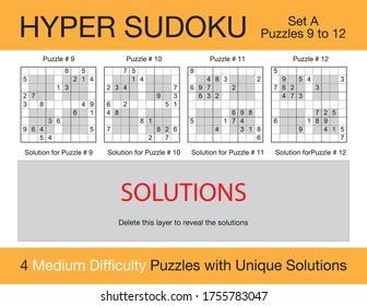 A set of 4 moderately difficult scalable hyper sudoku puzzles suitable for kids, adults and seniors and ready for web use, or to be compiled into a standard or large print paperback activity book.