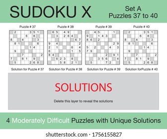 A set of 4 moderately difficult scalable sudoku X puzzles suitable for kids, adults and seniors and ready for web use, or to be compiled into a standard or large print paperback activity book.