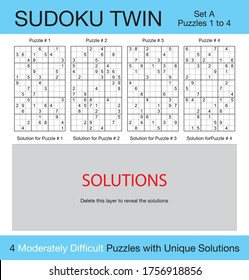 A set of 4 moderately difficult scalable sudoku twin puzzles suitable for kids, adults and seniors and ready for web use, or to be compiled into a standard or large print paperback activity book.
