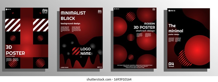 Set of 4 modern 3D poster designs, different details, shadows and waves. Designded in A4 size, black and red colors and gradients, modern banner. EPS 10 vector 
