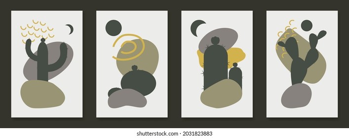 Set of 4 modern abstract aesthetic posters with cactus vector illustration