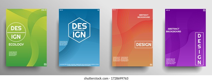 Set of 4 modern background cover designs with colorful gradient and abstract waves, designed in A4 format for posters, banners, lables etc. Trendy geometric elements for business. Eps 10 vector