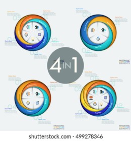 Set of 4 modern circular infographic design templates with sectors, strategic business elements, steps to success. Project management and planning concept. Vector illustration for website, report, ad.