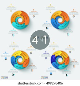 Set of 4 modern circular infographic design templates with options, strategic business elements, steps to success. Project management and planning concept. Vector illustration for website, report, ad.