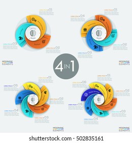 Set of 4 modern circular infographic design templates with 3, 4, 5 and 6 spiral sectors of different colors. Business development strategy elements. Vector illustration for report, presentation.