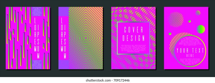 Set of 4 modern cover page design for your business. Template in A4. Can be used for poster, brochure, magazine, card, book, flyer. Trendy corporate style in neon magenta colors. Memphis style.