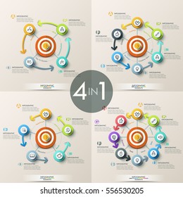 Set of 4 modern infographic design templates - successively connected circular elements placed around central target, pictograms and text boxes. Vector illustration for brochure, report, website.