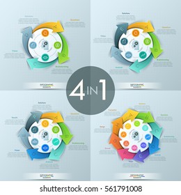 Set of 4 modern infographic design templates. Circular diagrams with lettered arrows placed around center, pictograms and text boxes. Vector illustration for website, report, brochure, presentation.