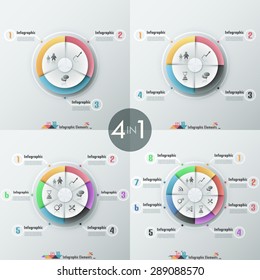 Set of 4 modern infographics options banner with paper pie chart and icons. Vector. Can be used for web design and  workflow layout