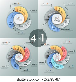 Set of 4 modern infographics options banner with options template made of spiral ribbons. Vector. Can be used for web design and  workflow layout