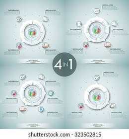 Set of 4 modern infographics options banner with circle white paper charts and icons. Vector. Can be used for web design and  workflow layout