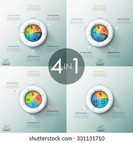 Set of 4 modern infographics options banner with spiral pie charts and icons. Vector. Can be used for web design and  workflow layout