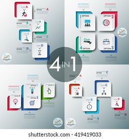 Set of 4 modern infographics options banner with abstract paper rectangle shapes and icons. Vector. Can be used for web design and  workflow layout