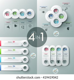 Set of 4 modern infographics options banner with abstract paper shapes and icons. Vector. Can be used for web design and  workflow layout