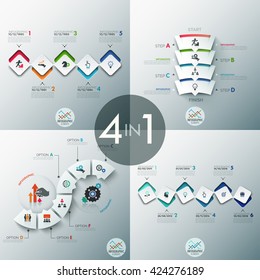Set of 4 modern infographics options banner with abstract paper rectangle shapes and icons. Vector. Can be used for web design and  workflow layout