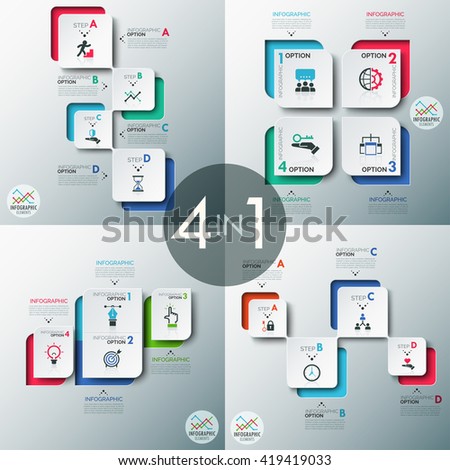 Set of 4 modern infographics options banner with abstract paper rectangle shapes and icons. Vector. Can be used for web design and  workflow layout